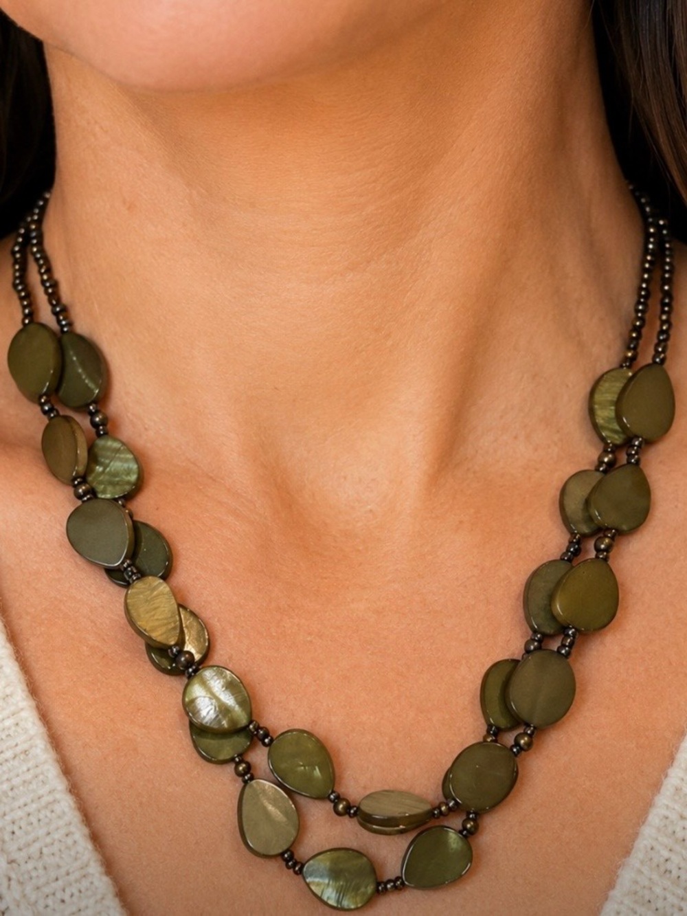 Vintage Olive Green Double Strand Beaded Necklace | Earthy Boho Statement